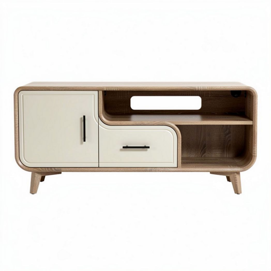 Wooden media console with storage cabinet and open shelving 120 x 40 x 50cm