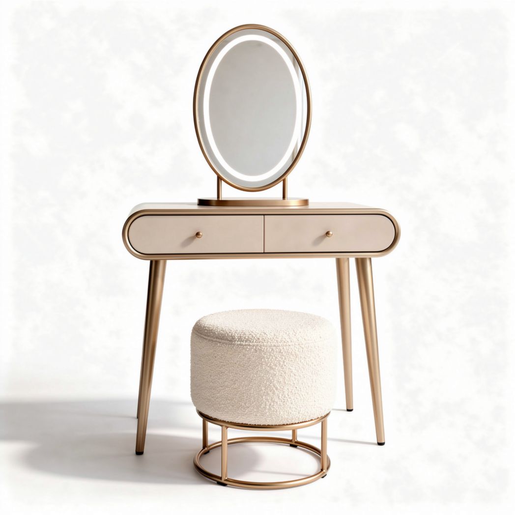Vanity table with oval mirror and upholstered stool in beige and gold finish