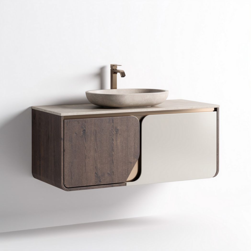 Wall-mounted bathroom vanity with integrated sink in brown wood and white finish 60 x 40 x 15cm