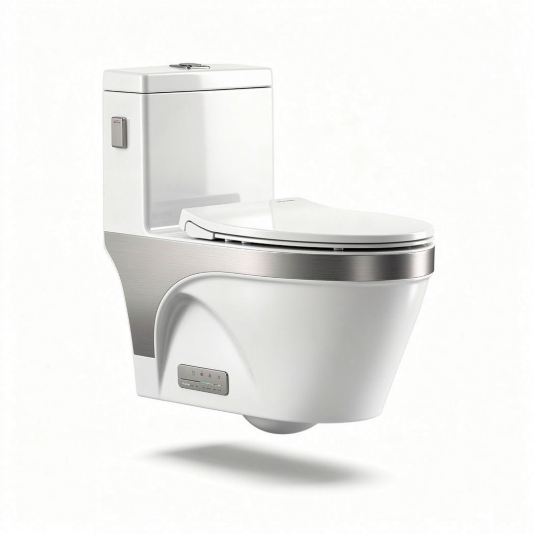 Modern one-piece toilet with dual flush system and elongated bowl design