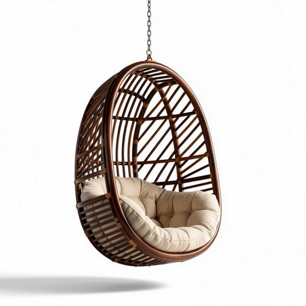Hanging rattan egg chair with soft cushion for indoor and outdoor use