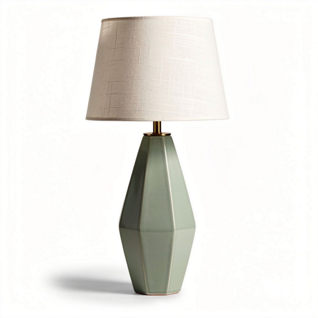 Ceramic table lamp with white fabric shade and geometric design 40 x 20 x 60cm