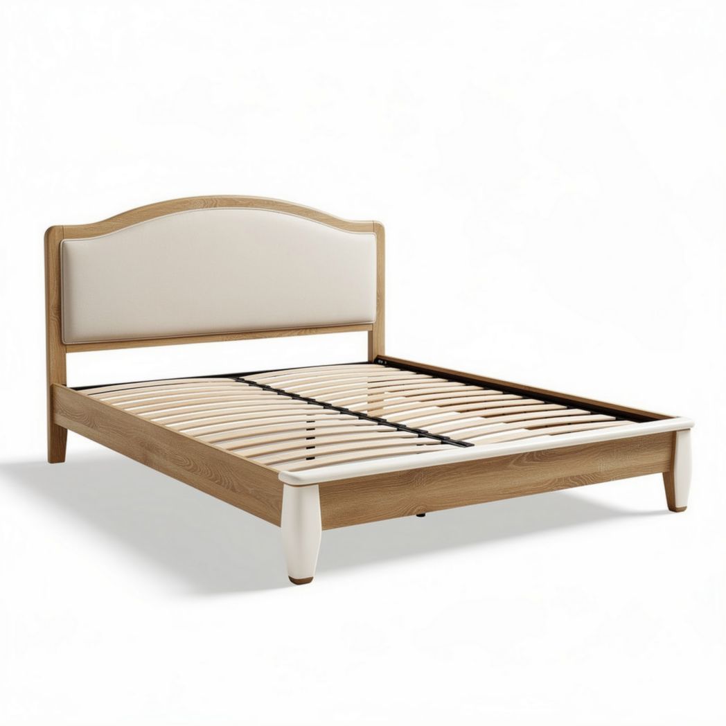 Wooden bed frame with upholstered headboard in beige color size 200 x 160 x 100cm